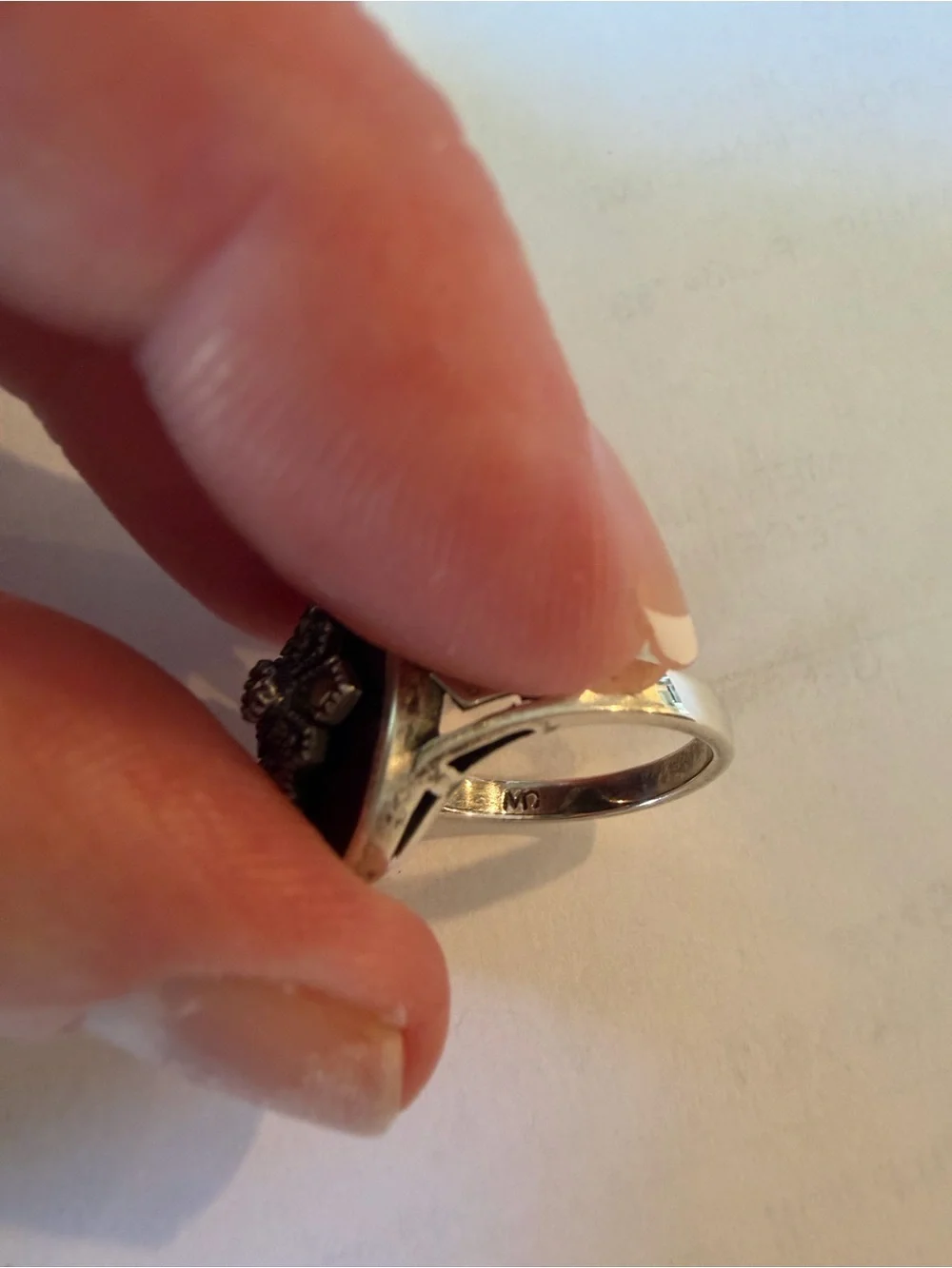 Vintage 1980’s Black Onyx-Style enamel and marcasite 925 ring. Size 7